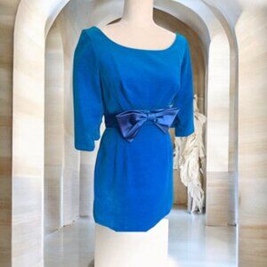 Vintage Velvet  Elegant Blue Dress with  Bow Belt